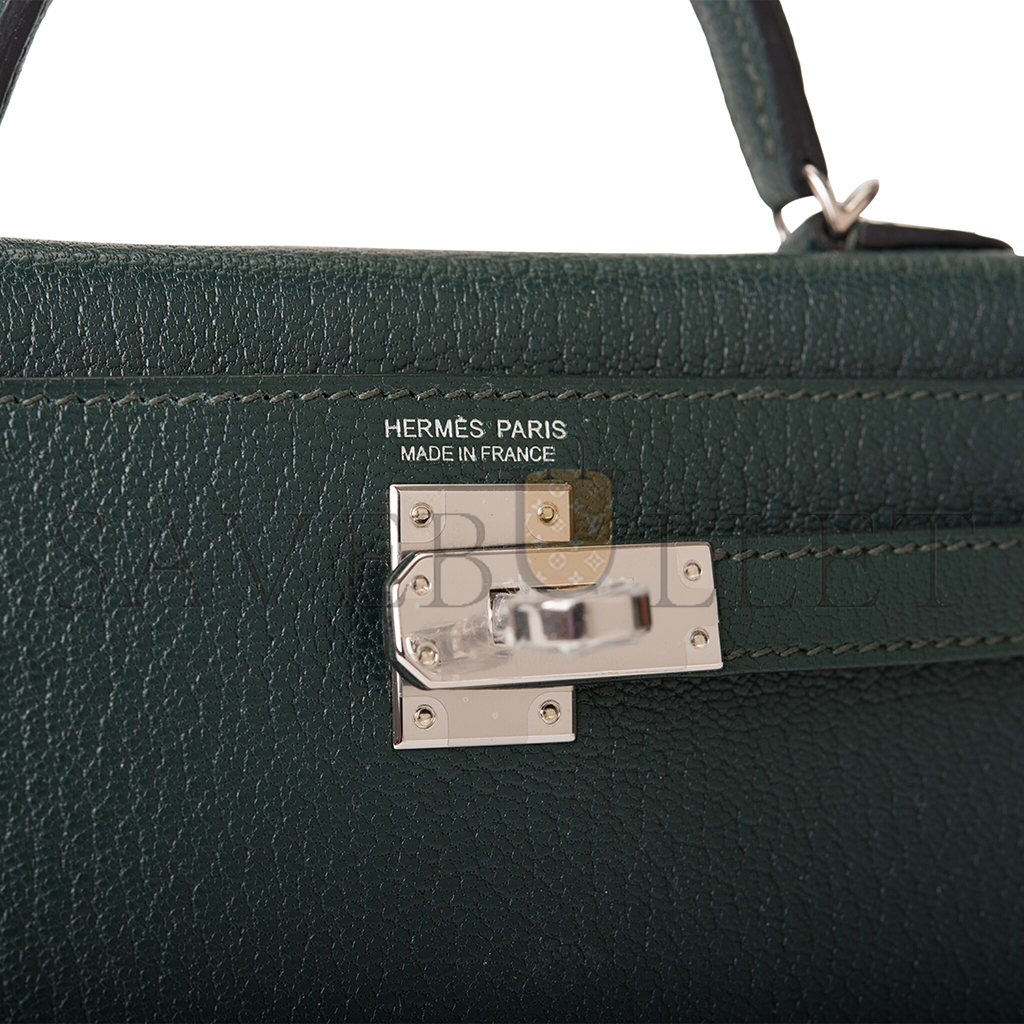 HERMÈS MASTER SELLIER KELLY II CHEVRE LEATHER TITAN GREEN WITH NORTHERN BLUE INSIDE (19*12*5.5cm) 